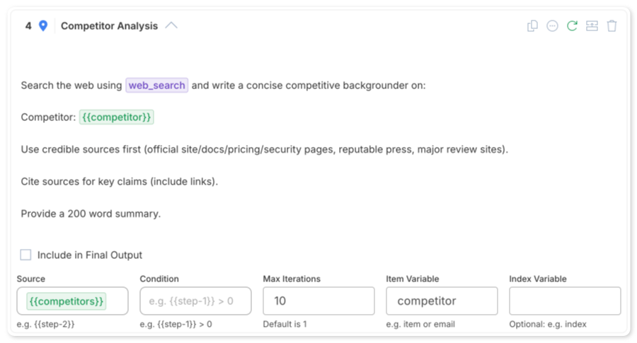 Loop configuration panel showing source, item variable, and max iterations