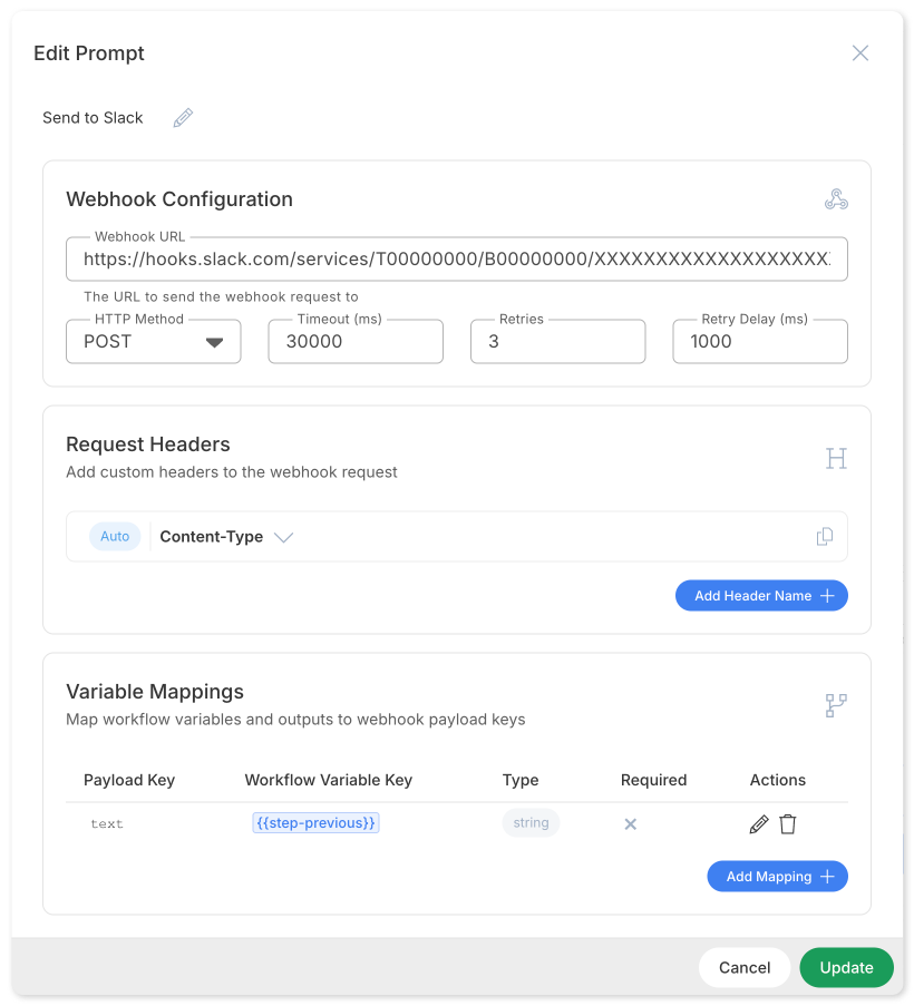 Webhook step configuration panel