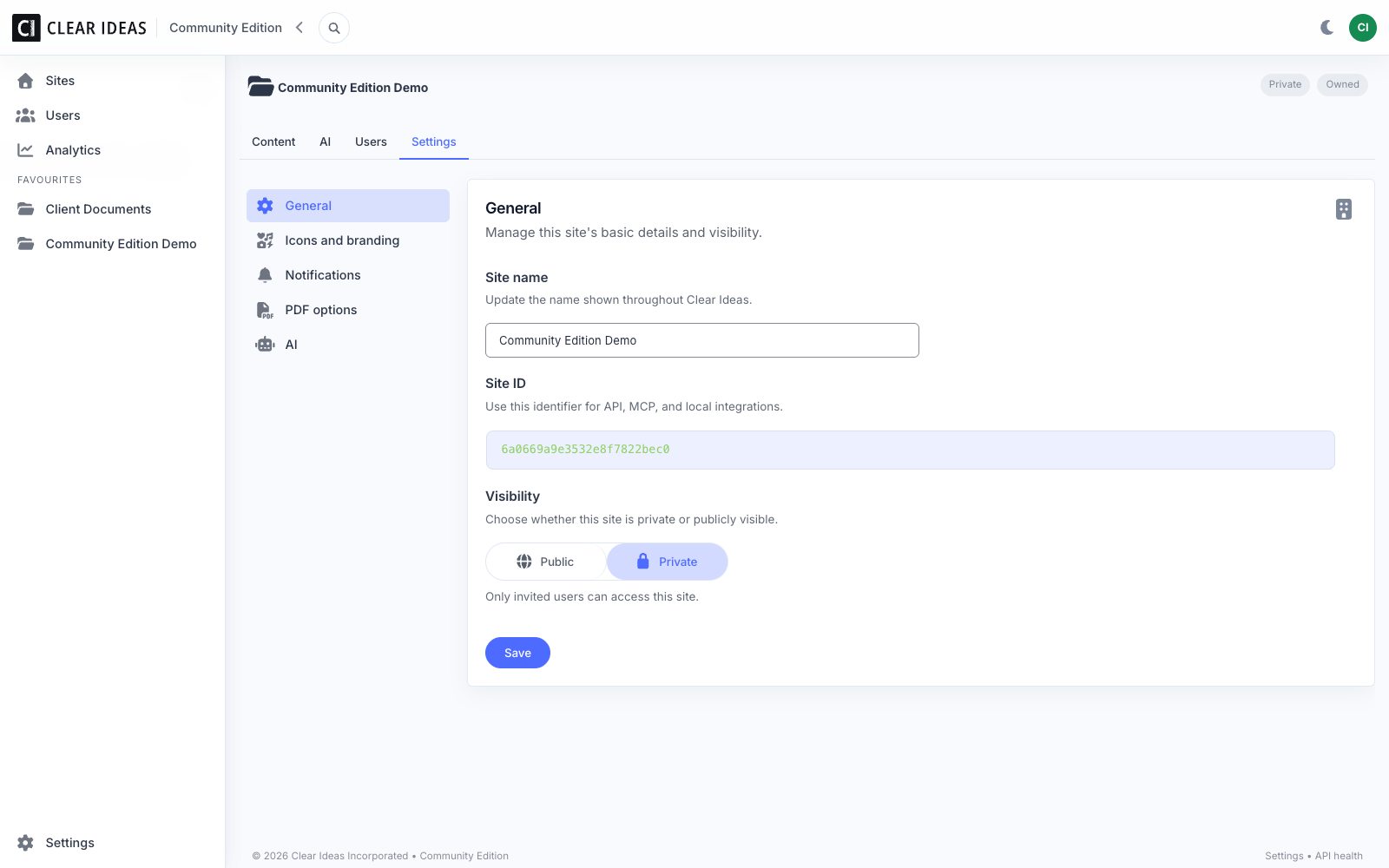 Clear Ideas Community Edition site settings